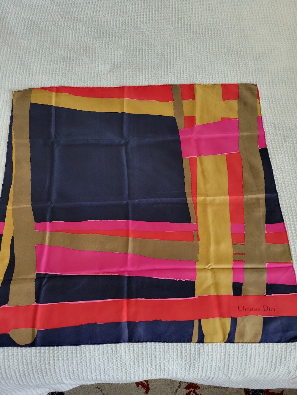 Vintage Dior Navy, Hot Pink, Red & Gold Geometric Silk Scarf 30"X29"